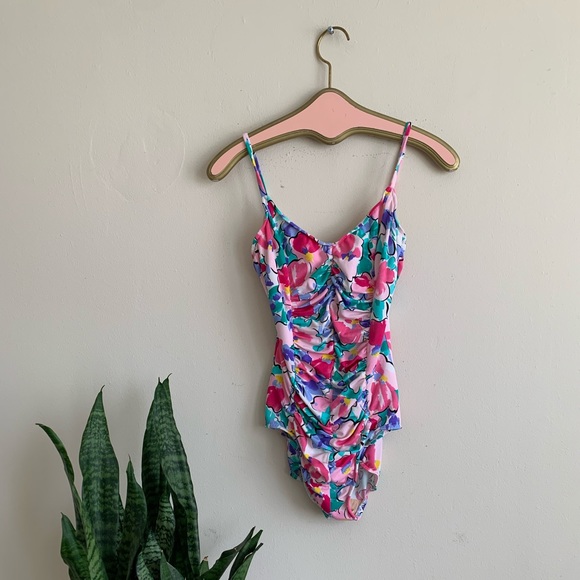 Vintage Other - VTG 90’s Floral Pink One Piece with Ruched Front